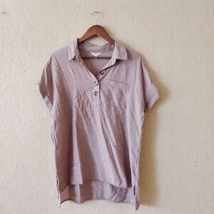 Time and Tru beige popover short sleeve top rayon nylon blend Sz large